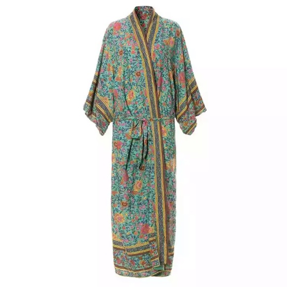 Boho Turquoise Floral Kimono Duster Long Robe - Picture 7 of 9